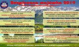 plakat Bezpieczna majówka 2019 zawierający osiem porad dotyczących bezpieczeństwa na tle ośnieżonych szczytów górskich